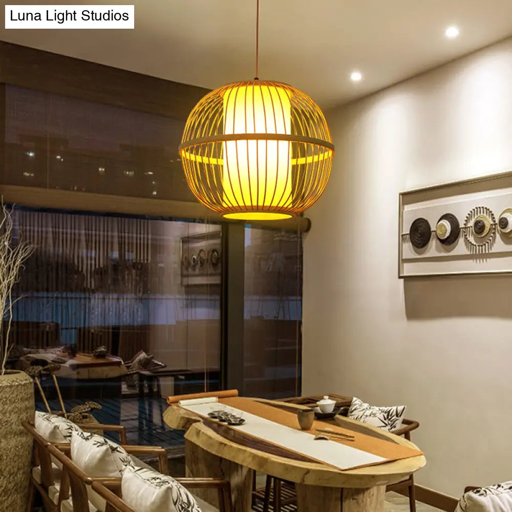 Suspended Beige Wooden Sphere Tea Room Pendant Light With Single Bulb