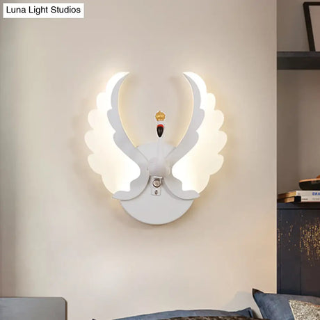 Swan Iron Wall Light Sconce - Cartoon White/Pink Led Lamp Fixture With Acrylic Wing & White/Warm