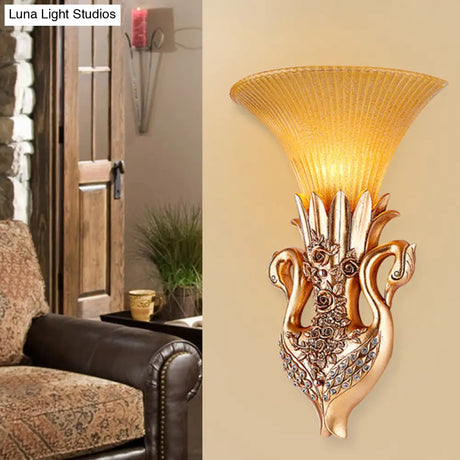 Swan Sconce Lamp: Farmhouse Resin Single Bulb Wall Lighting With Gold Finish And Fluted Glass Shade