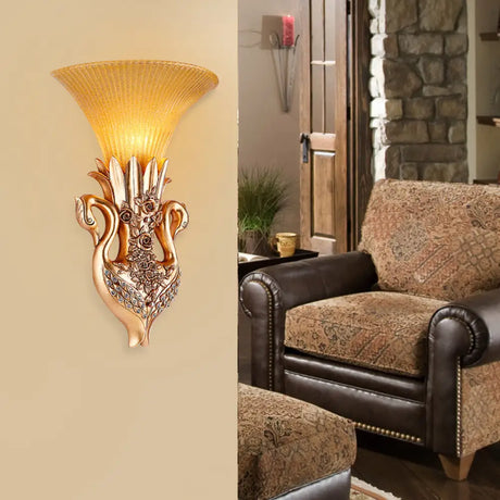Swan Sconce Lamp: Farmhouse Resin Single Bulb Wall Lighting With Gold Finish And Fluted Glass Shade