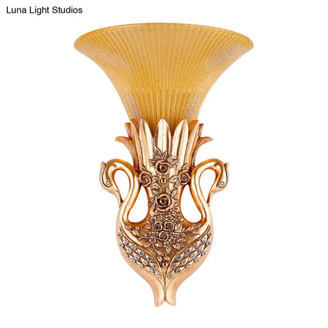 Swan Sconce Lamp: Farmhouse Resin Single Bulb Wall Lighting With Gold Finish And Fluted Glass Shade