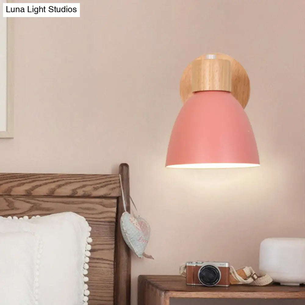 Swivel Macaron Bell Shade Wall Light With Wood Decor - Single Metal Bedroom Mount