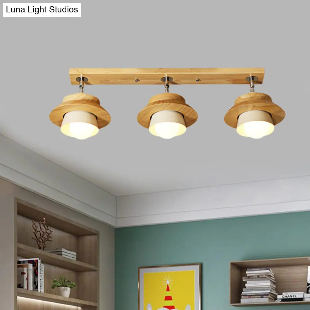 Swivelable Nordic Wooden Flush Mount Ceiling Lamp With Dual Cap Shade - 3-Light White Semi For
