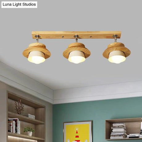 Swivelable Nordic Wooden Flush Mount Ceiling Lamp With Dual Cap Shade - 3-Light White Semi For
