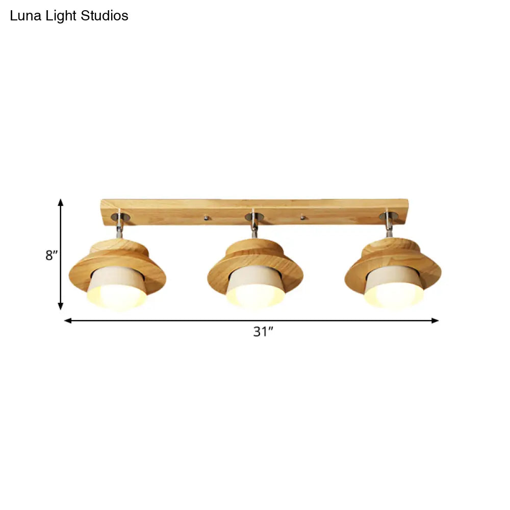 Swivelable Nordic Wooden Flush Mount Ceiling Lamp With Dual Cap Shade - 3-Light White Semi For