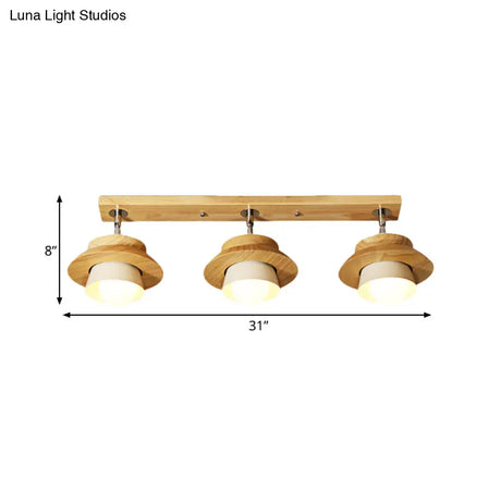 Swivelable Nordic Wooden Flush Mount Ceiling Lamp With Dual Cap Shade - 3-Light White Semi For