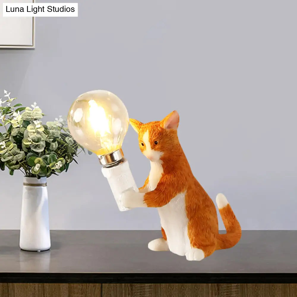 Tabby Cat Table Lamp For Kids - Iron Nightstand Light With Bare Bulb Design Black/Yellow/Blue