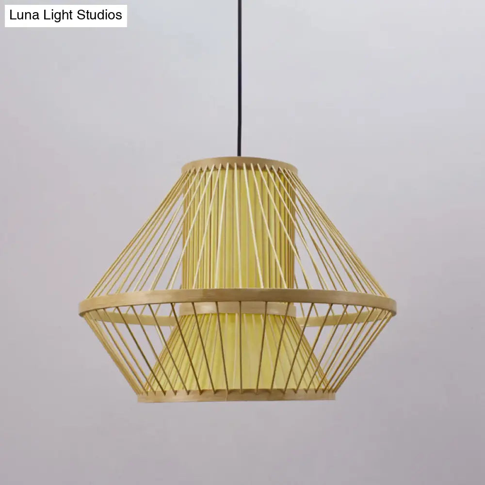 Tapered Chinese Bamboo Pendant Light With 1 Head - Beige Dining Room Lighting Fixture