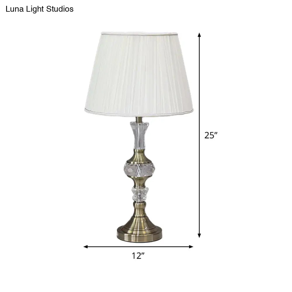 Tapered Drum Crystal Task Lamp In White Contemporary Fabric 1 Head Reading Light