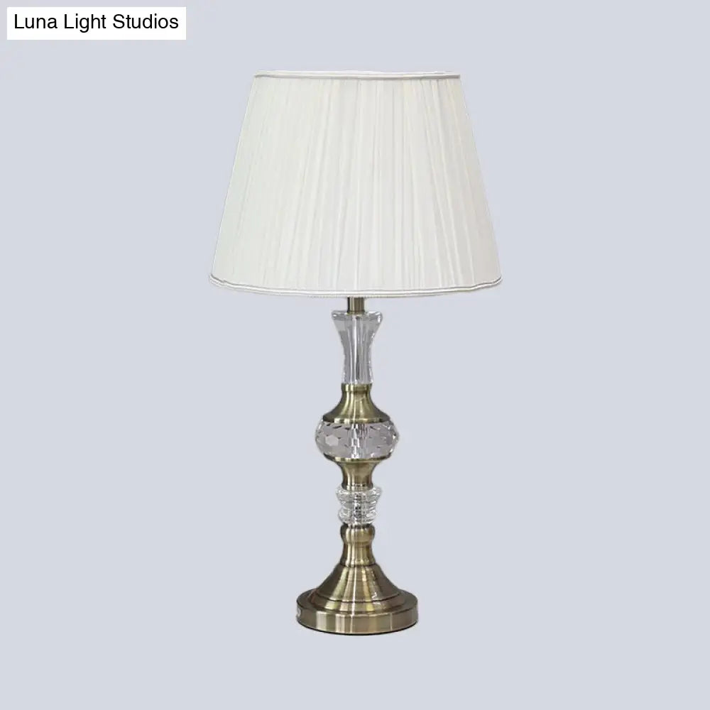 Tapered Drum Crystal Task Lamp In White Contemporary Fabric 1 Head Reading Light