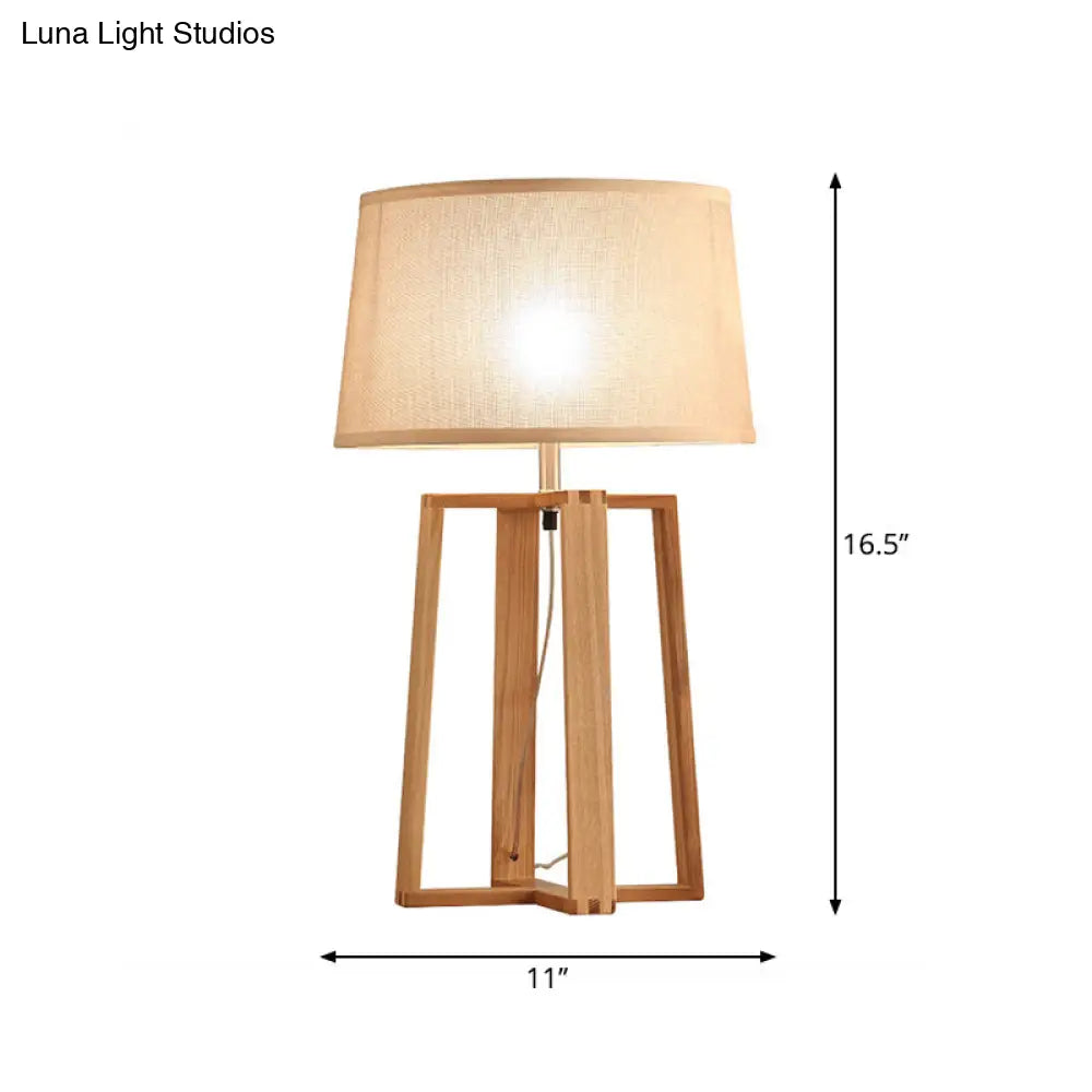 Tapered Drum Table Lamp: Contemporary Fabric Shade Wood Night Light With Trapezoid Base