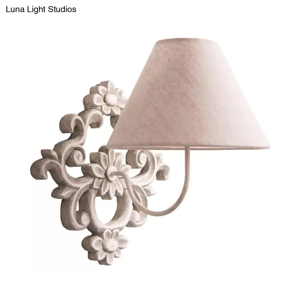 Tapered Fabric Wall Sconce Light In White With Wood Carved Backplate - Countryside Corridor Lighting