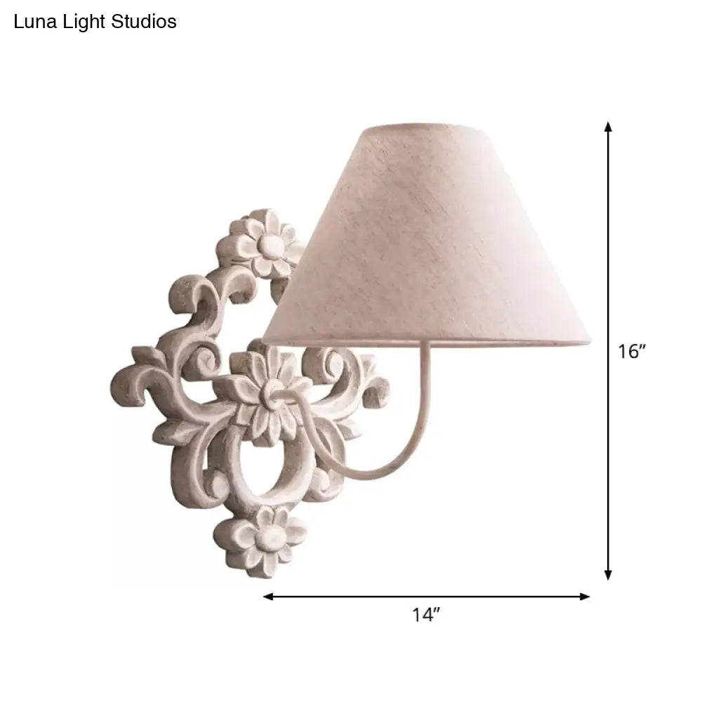 Tapered Fabric Wall Sconce Light In White With Wood Carved Backplate - Countryside Corridor Lighting