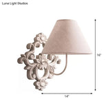 Tapered Fabric Wall Sconce Light In White With Wood Carved Backplate - Countryside Corridor Lighting