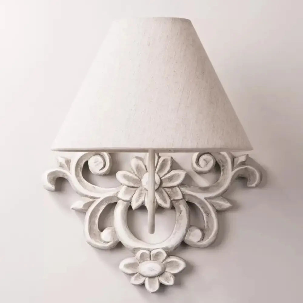 Tapered Fabric Wall Sconce Light In White With Wood Carved Backplate - Countryside Corridor Lighting