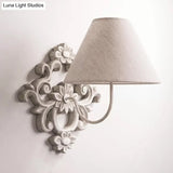 Tapered Fabric Wall Sconce Light In White With Wood Carved Backplate - Countryside Corridor Lighting