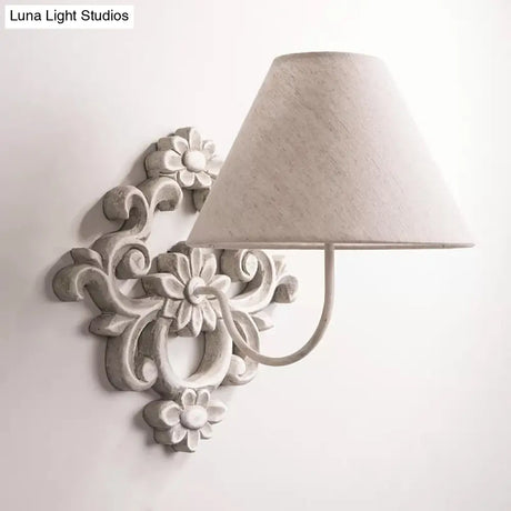 Tapered Fabric Wall Sconce Light In White With Wood Carved Backplate - Countryside Corridor Lighting