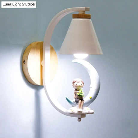 Tapered Iron Wall Mount Lamp - 1 Light Pink/Blue And Wood Sconce With Moon/Portrait Decor