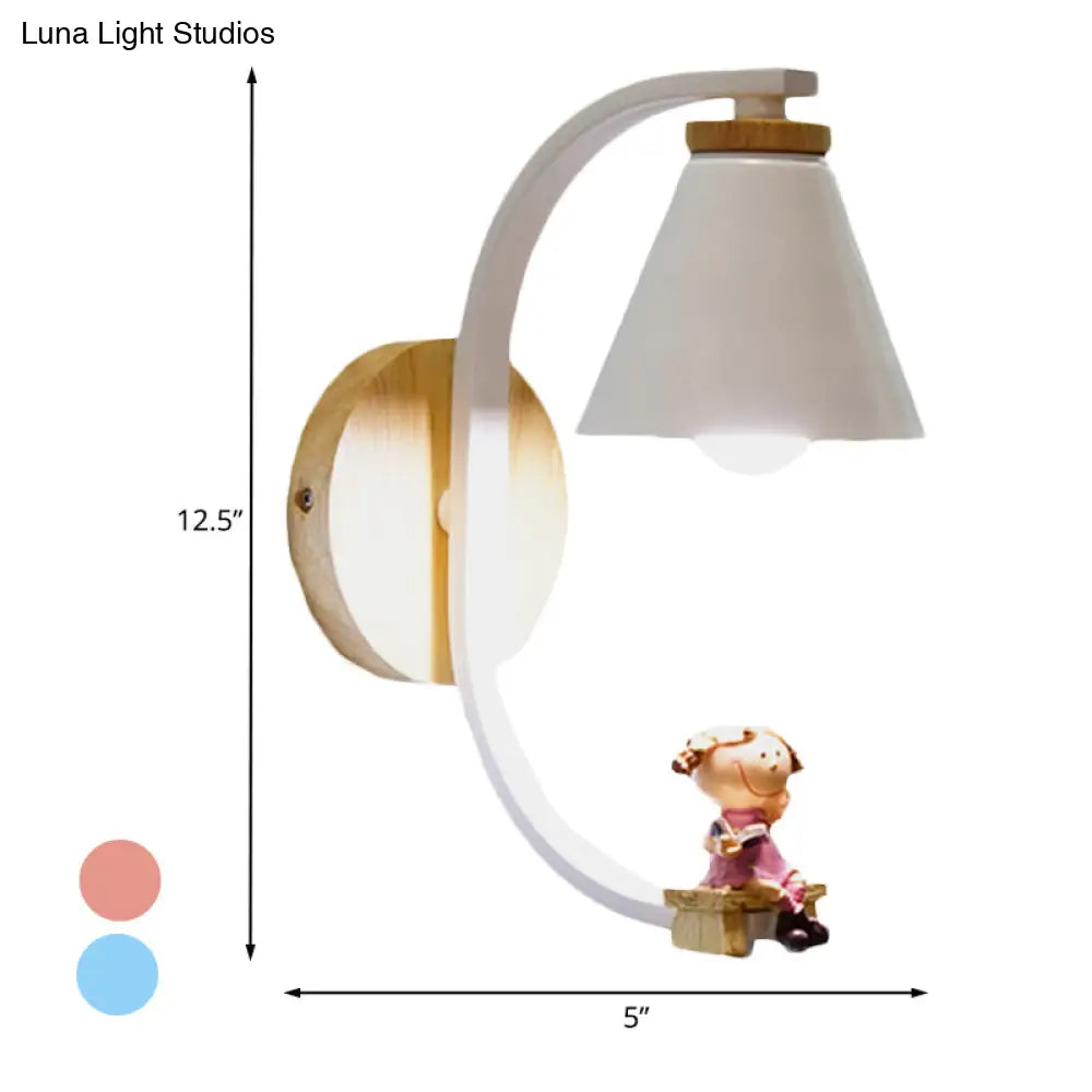 Tapered Iron Wall Mount Lamp - 1 Light Pink/Blue And Wood Sconce With Moon/Portrait Decor