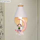 Tapered Iron Wall Mount Lamp - 1 Light Pink/Blue And Wood Sconce With Moon/Portrait Decor