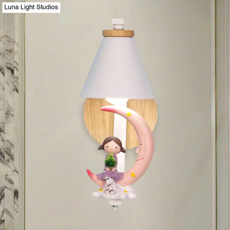 Tapered Iron Wall Mount Lamp - 1 Light Pink/Blue And Wood Sconce With Moon/Portrait Decor