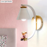 Tapered Iron Wall Mount Lamp - 1 Light Pink/Blue And Wood Sconce With Moon/Portrait Decor
