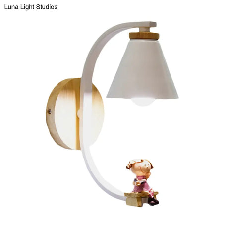 Tapered Iron Wall Mount Lamp - 1 Light Pink/Blue And Wood Sconce With Moon/Portrait Decor