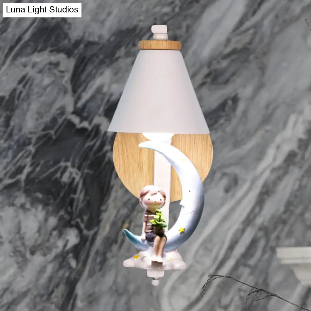 Tapered Iron Wall Mount Lamp - 1 Light Pink/Blue And Wood Sconce With Moon/Portrait Decor