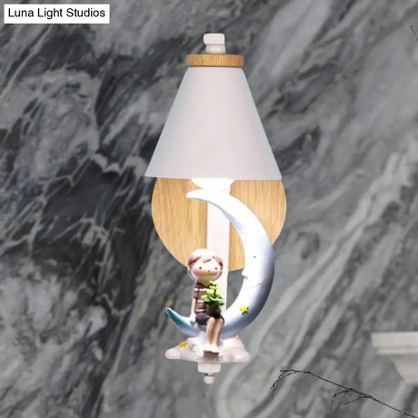 Tapered Iron Wall Mount Lamp - 1 Light Pink/Blue And Wood Sconce With Moon/Portrait Decor