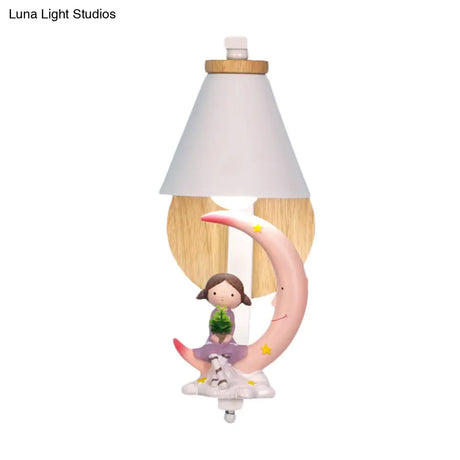 Tapered Iron Wall Mount Lamp - 1 Light Pink/Blue And Wood Sconce With Moon/Portrait Decor