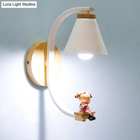 Tapered Iron Wall Mount Lamp - 1 Light Pink/Blue And Wood Sconce With Moon/Portrait Decor