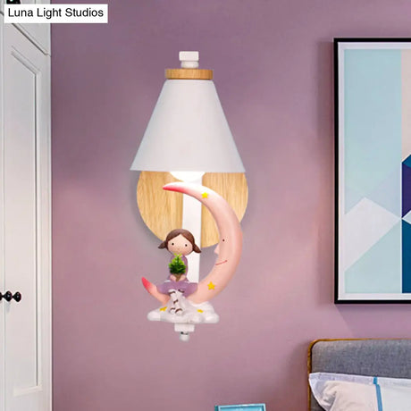 Tapered Iron Wall Mount Lamp - 1 Light Pink/Blue And Wood Sconce With Moon/Portrait Decor