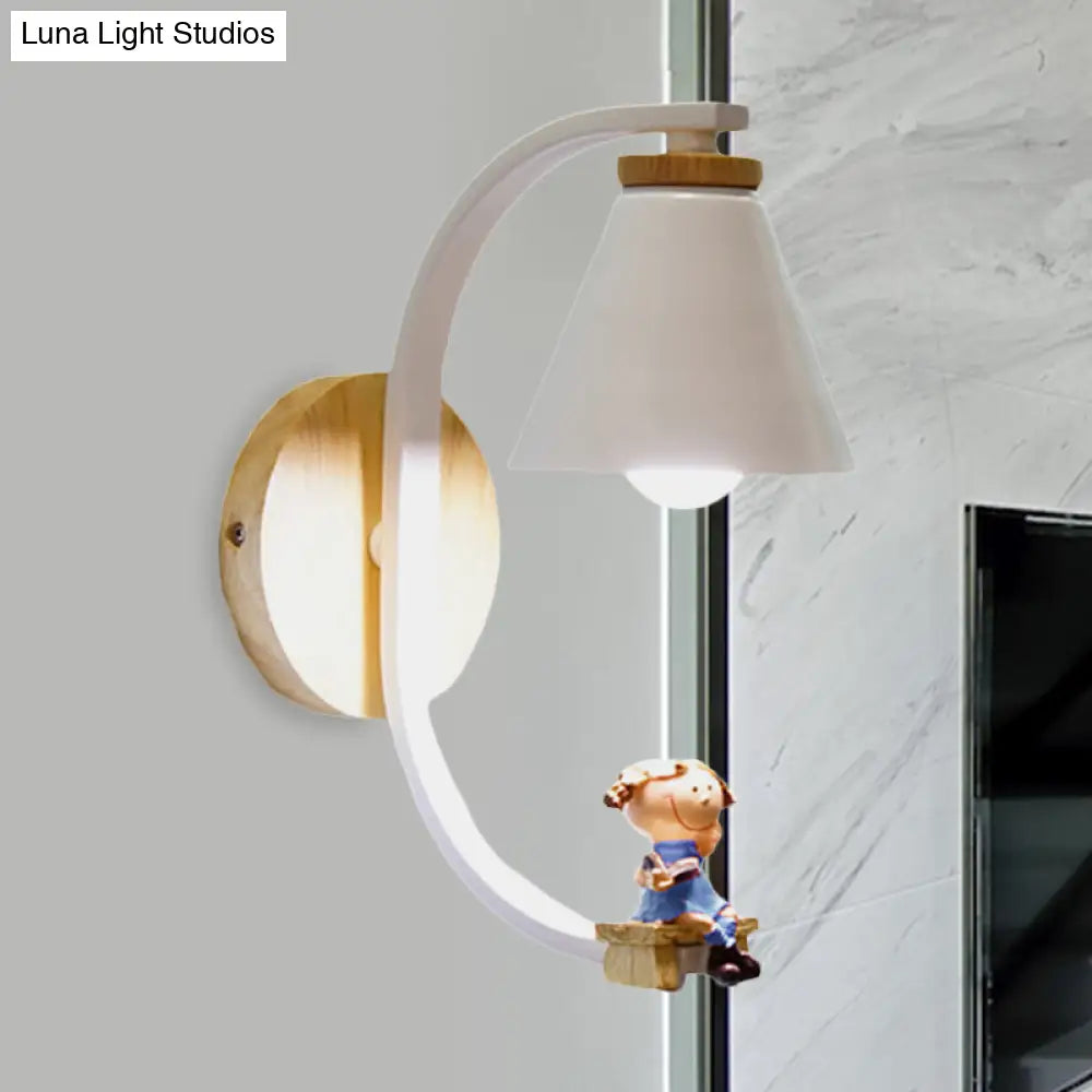 Tapered Iron Wall Mount Lamp - 1 Light Pink/Blue And Wood Sconce With Moon/Portrait Decor