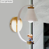 Tapered Iron Wall Mount Lamp - 1 Light Pink/Blue And Wood Sconce With Moon/Portrait Decor
