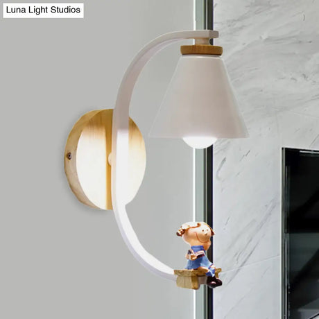 Tapered Iron Wall Mount Lamp - 1 Light Pink/Blue And Wood Sconce With Moon/Portrait Decor