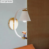 Tapered Iron Wall Mount Lamp - 1 Light Pink/Blue And Wood Sconce With Moon/Portrait Decor