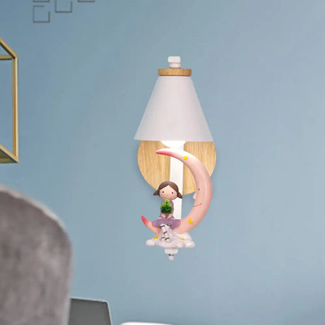 Tapered Iron Wall Mount Lamp - 1 Light Pink/Blue And Wood Sconce With Moon/Portrait Decor Pink /