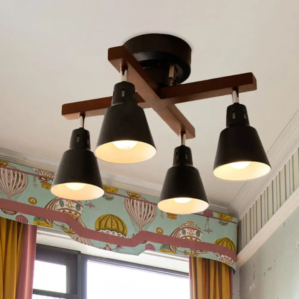 Tapered Rotatable Ceiling Fixture: 4 - Light Iron Semi Flush Mount Lighting In Black/White Black