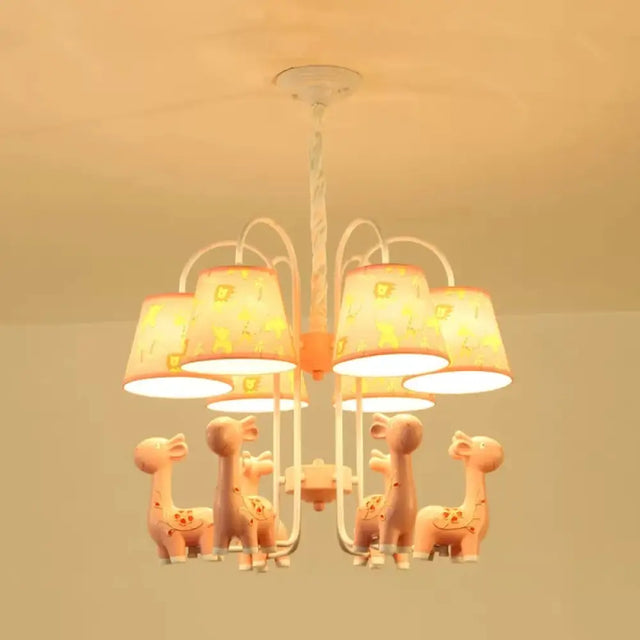 Tapered Shade Giraffe Metal Chandelier: Hanging Lamp With 6 Bulbs For Nursing Room Pink