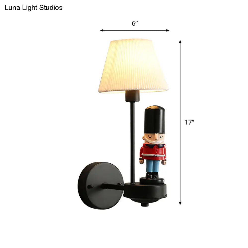 Tapered Wall Sconce Lamp: Pleated Fabric Cartoon Design With Soldier Decoration Black