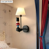 Tapered Wall Sconce Lamp: Pleated Fabric Cartoon Design With Soldier Decoration Black
