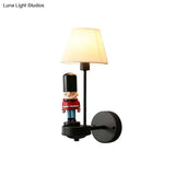 Tapered Wall Sconce Lamp: Pleated Fabric Cartoon Design With Soldier Decoration Black