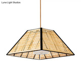 Tea House Pendulum Light: Asian Beige Suspended Pendant Lamp With Rattan Shade