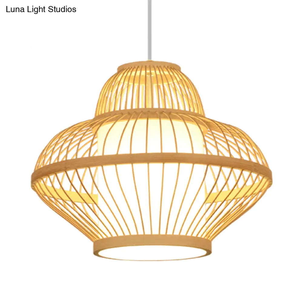 Teahouse Pendant Light - Asia Wood Ceiling Lamp With Curved Bamboo Shade