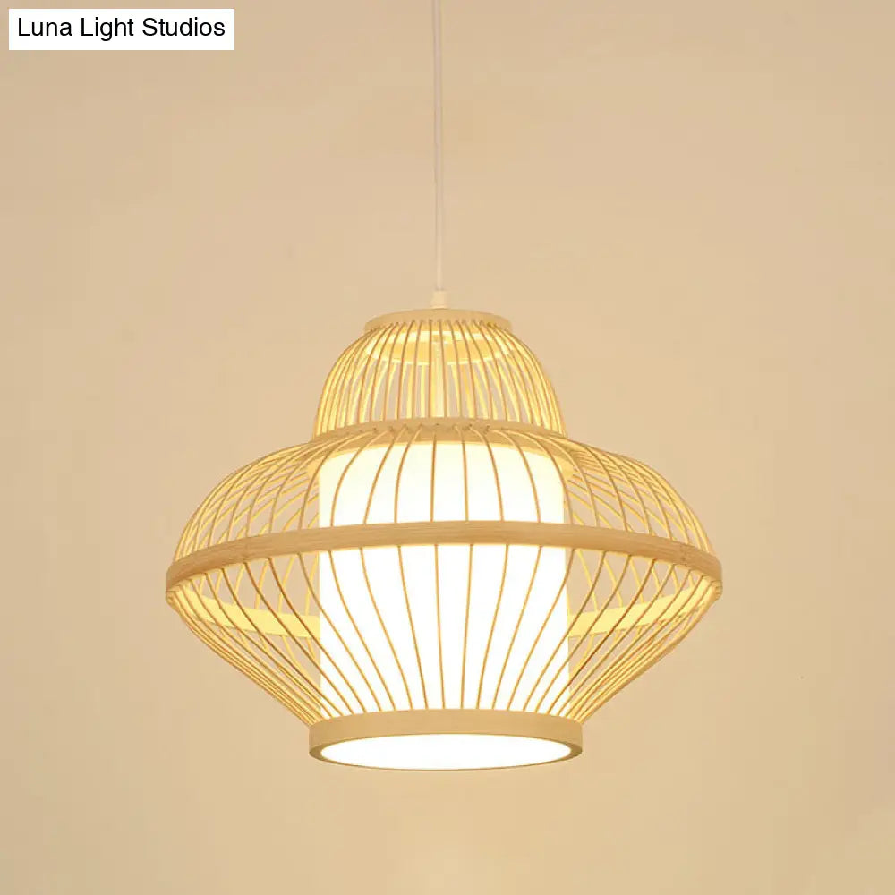 Teahouse Pendant Light - Asia Wood Ceiling Lamp With Curved Bamboo Shade