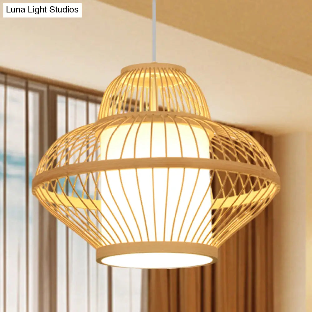 Teahouse Pendant Light - Asia Wood Ceiling Lamp With Curved Bamboo Shade