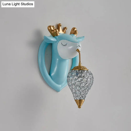 Teardrop Metal Wall Sconce With Deer Backplate - Bedroom Kids Mounted Light (1 Bulb) In Pink/Blue