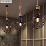 Teardrop Suspension Light: Metal Wire Frame Hanging Lamp In Black With 39’ Rope - Country Style