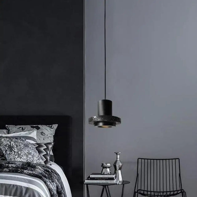 Terrazzo Single-Bulb Black Hat Hanging Lamp - Flat Round Ceiling Lighting With Simplicity / 7’