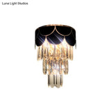 Tiered Wall Lamp With Crystal Block In Black - Modern Metal Lighting For Bedroom